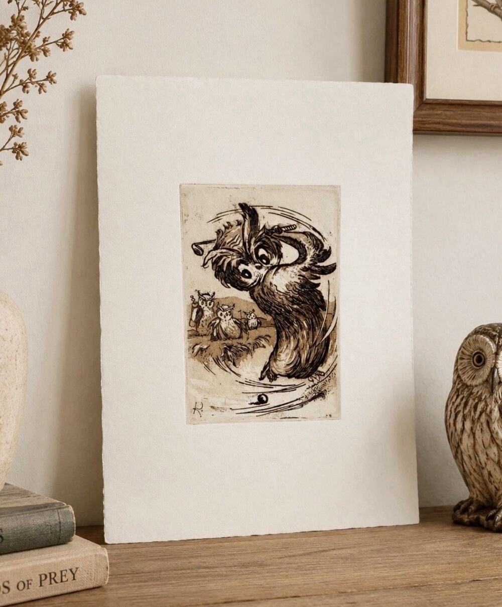 Kolliker Hand Colored Intaglio Etching Owl Golf Swing Signed Art Print 6.5 x 10